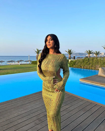 Bold see-through knit dress in lime green