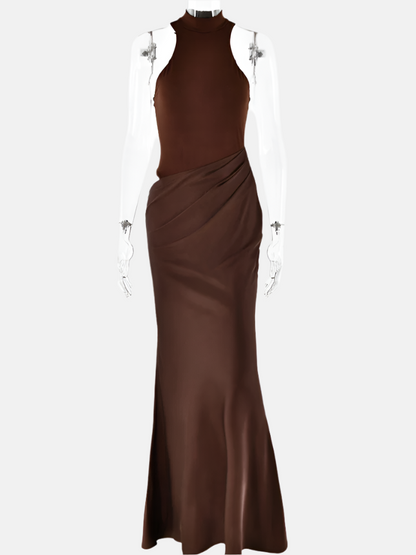 Roma Two-Tone Halter Maxi Dress with Draped Skirt – Coffee