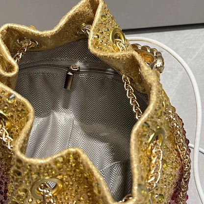Sparkly gold pink bucket bag with crystals