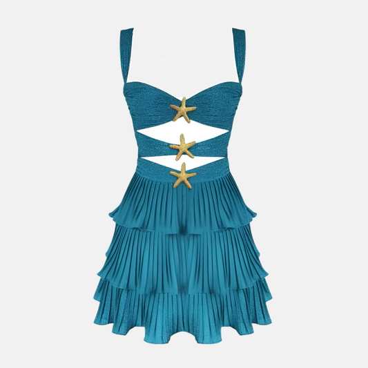 Coralia Glitter Pleated Mini Dress with Starfish Cut-Out – Pink or Blue