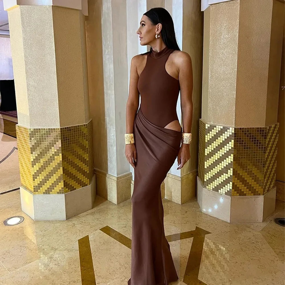 Roma Maxi Dress in Coffee – Sculpted & Flowing