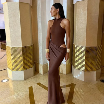 Roma Maxi Dress in Coffee – Sculpted & Flowing