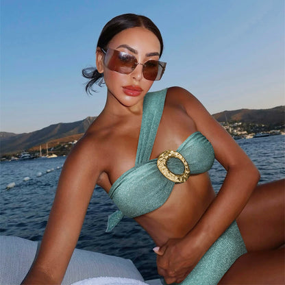 Asymmetrical bandeau bikini with gold buckle