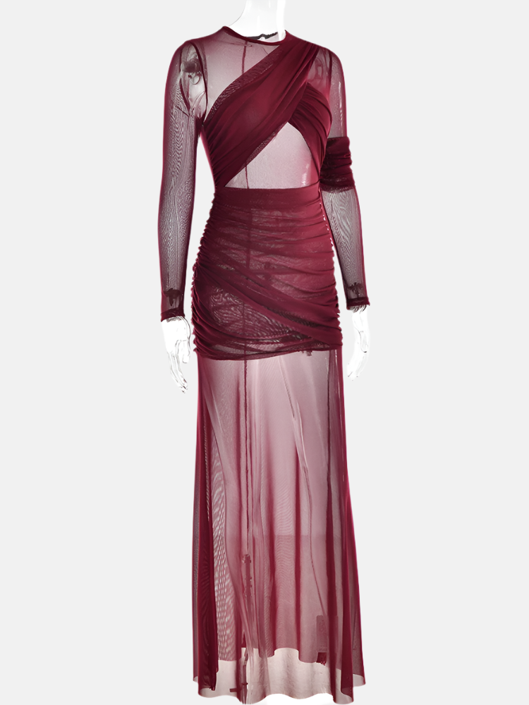 Celeste Sheer Mesh Maxi Dress with Long Sleeves – Red or Coffee