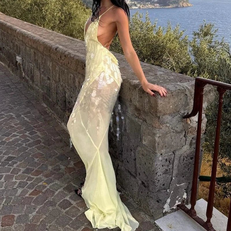 Sequin mesh yellow evening gown with deep V-neck
