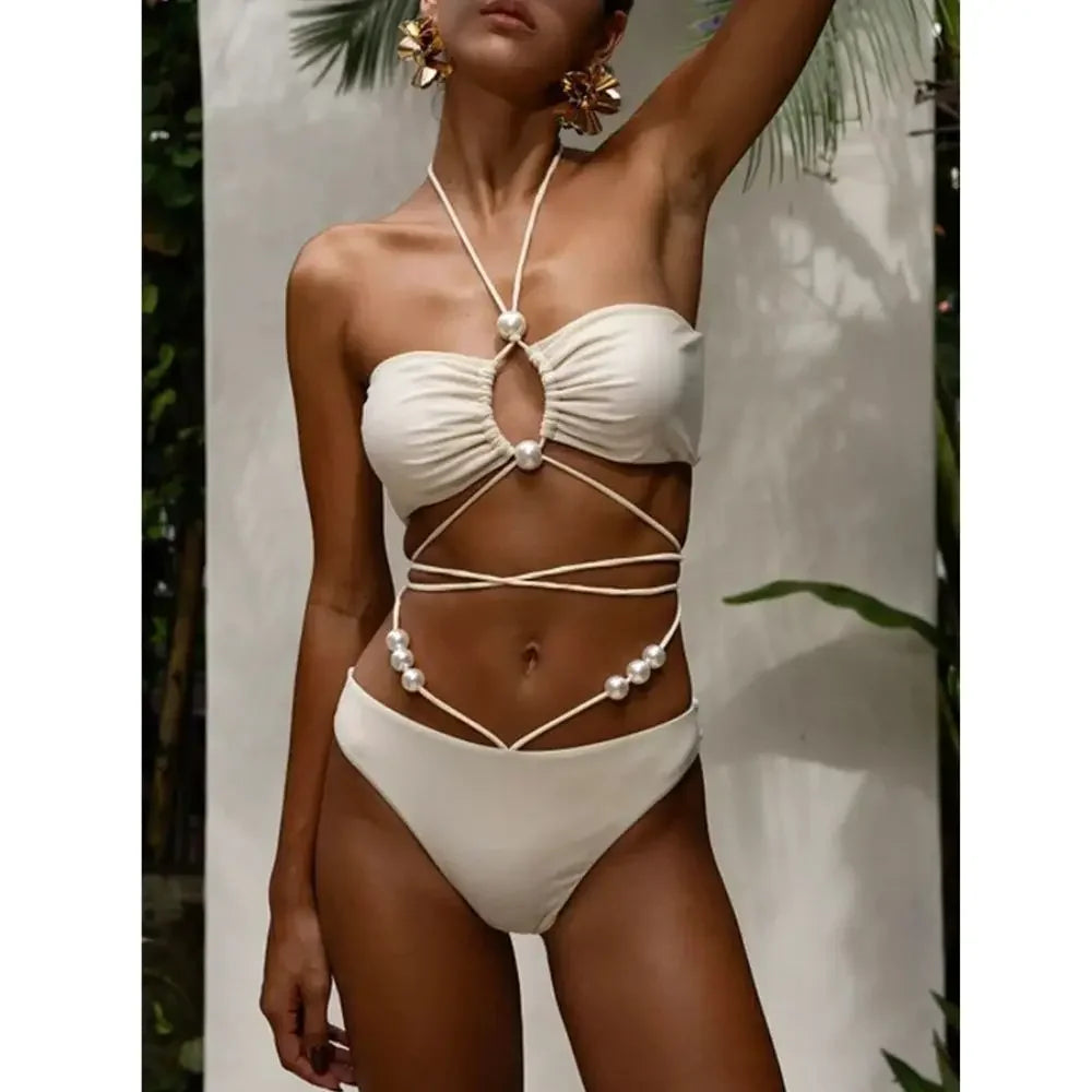 Capri Pearl-Strap Bikini Set with Pareo Skirt – White – Ora Marella Capri Pearl-Strap Bikini Set with Pareo Skirt – White – Ora Marella