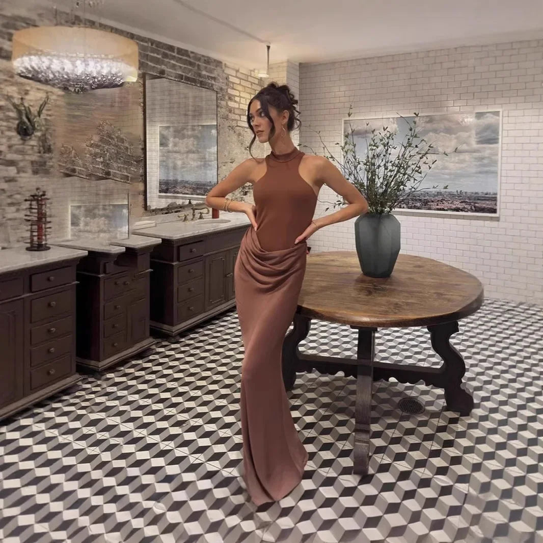 Elegant Halter Dress with No Closures