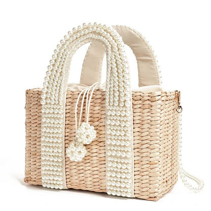 Handwoven Straw Handbag with Pearl Handles