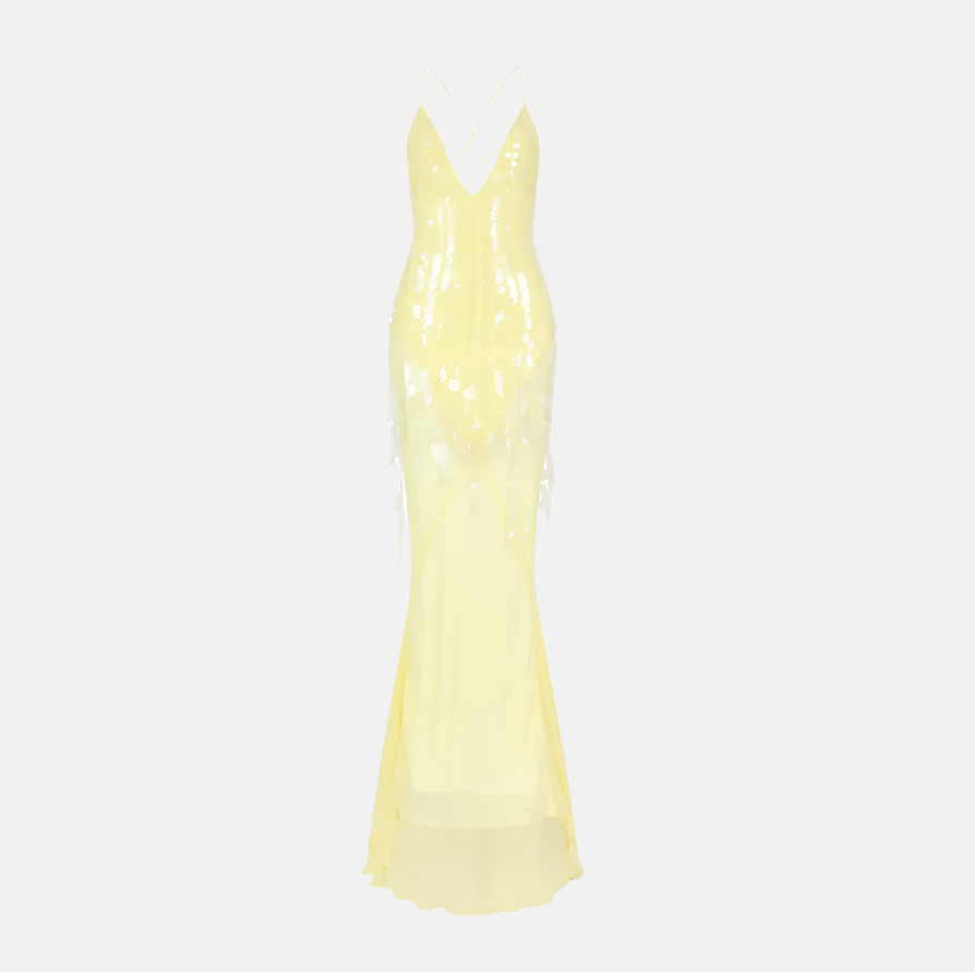 Solene Sequin Sheer Maxi Dress – Yellow Backless Gown