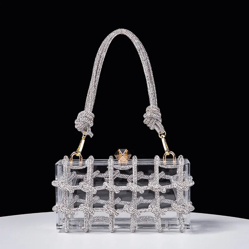 Transparent box bag with crystal rope detailing