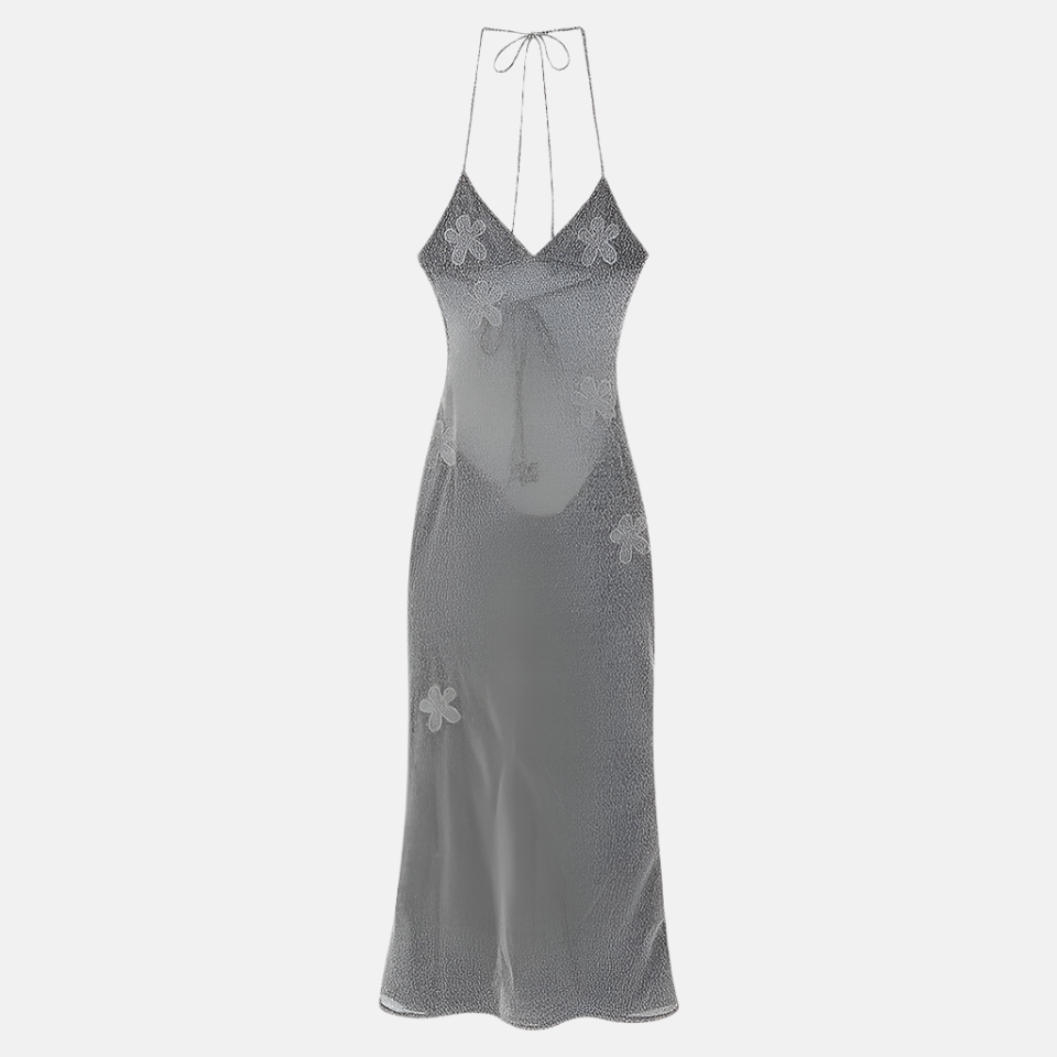 Cassia Metallic Backless Gown – Silver & Black Glitter Maxi Dress