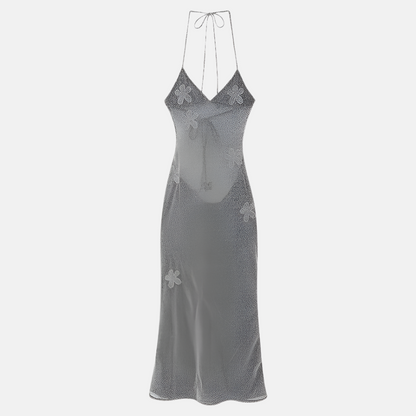Cassia Metallic Backless Gown – Silver & Black Glitter Maxi Dress