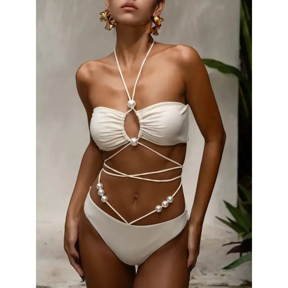 Capri Pearl-Strap Bikini Set with Pareo Skirt – White – Ora Marella Capri Pearl-Strap Bikini Set with Pareo Skirt – White – Ora Marella