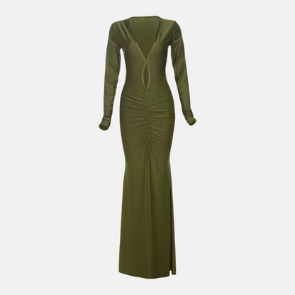 Oasis Ruched Cut-Out Maxi Dress – Olive Green