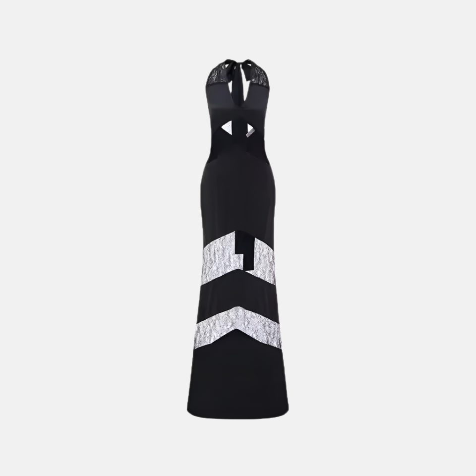 Luna Satin Halter Maxi Dress with Lace Panels – White or Black