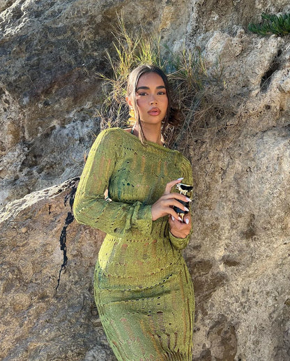 Figure-hugging lime dress with subtle shimmer