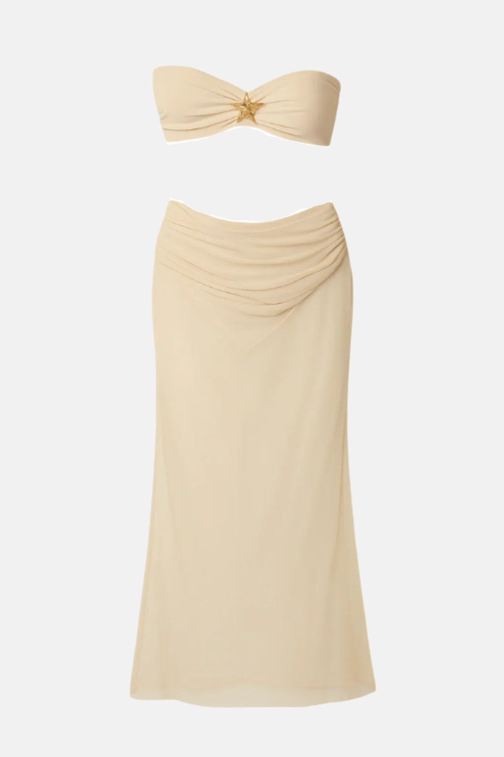 Soleil Mesh Two-Piece Set – Beige Bandeau Top and Sheer Maxi Skirt