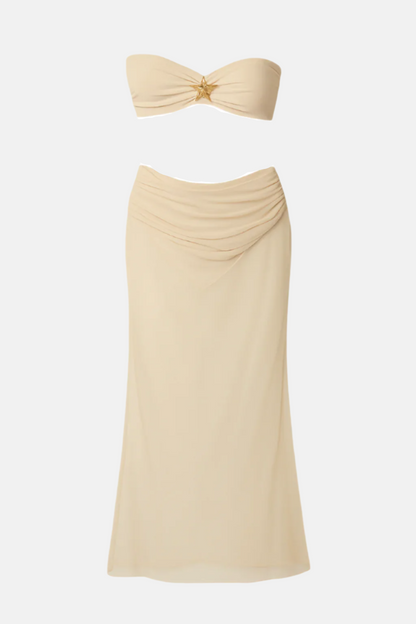 Soleil Mesh Two-Piece Set – Beige Bandeau Top and Sheer Maxi Skirt