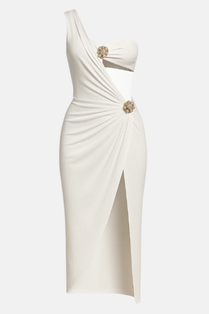 Aurelia One-Shoulder Cut-Out Maxi Dress with Gold Floral Accents Whi Ora Marella Aurelia One-Shoulder Cut-Out Maxi Dress with Gold Floral Accents Whi Ora Marella