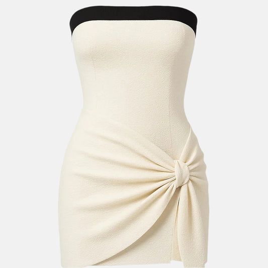 Riviera Bandeau One-Piece Swimsuit with Matching Knot-Tie Skirt – Cream and Black