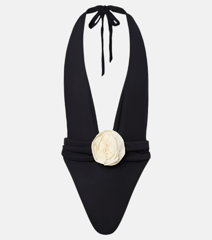 Fiore Plunge One-Piece Swimsuit with Ivory Rosette – Black
