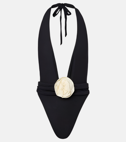 Fiore Plunge One-Piece Swimsuit with Ivory Rosette – Black
