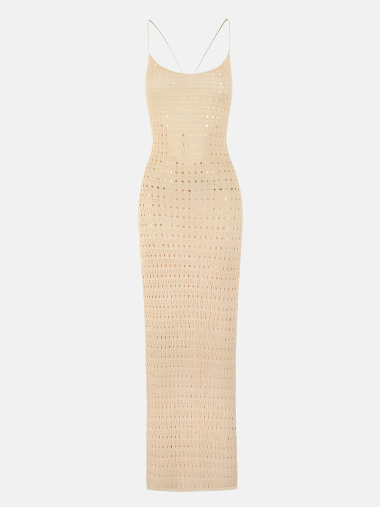 Solea Crochet Slip Maxi Dress – Beige Knit Beach Cover-Up
